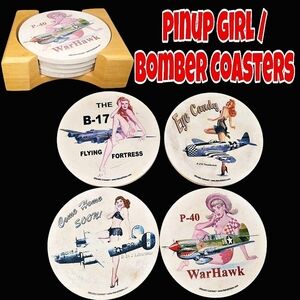 Retro Pinup Girl War Bomber 4 Coasters Set & Wood Holder
